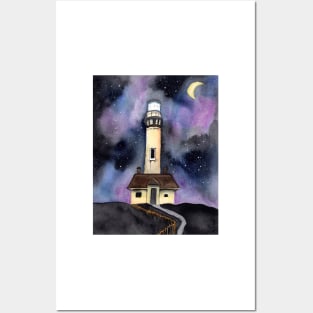 Whimsical Lighthouse with Galaxy Background Posters and Art